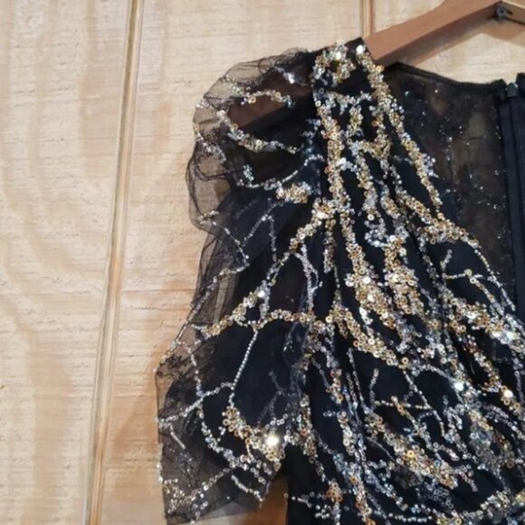 Mac Duggal NWT Black Gold Sequin Puff Sleeve Maxi Gown Dress Size 8 #204… - Picture 5 of 10